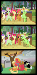 Size: 650x1300 | Tagged: safe, edit, edited screencap, screencap, apple bloom, applejack, auntie applesauce, babs seed, big macintosh, granny smith, earth pony, pony, apple family reunion, comic, crying, crying on the outside, female, filly, grave, how babs died, hug, implied death, implied foalcon, implied sex, male, mare, screencap comic, stallion