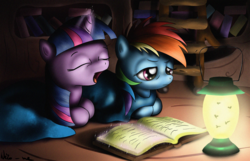 Size: 2500x1613 | Tagged: safe, artist:neko-me, rainbow dash, twilight sparkle, g4, book, duo, duo female, female, golden oaks library, lantern, magic, night, reading, yawn