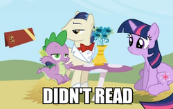 Size: 719x454 | Tagged: safe, spike, twilight sparkle, g4, didn't read, image macro, reaction image, tl;dr, waiter