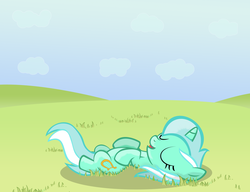 Size: 2734x2105 | Tagged: safe, artist:sintakhra, lyra heartstrings, pony, unicorn, g4, female, filly, filly lyra, grass, on back, smiling, solo, younger