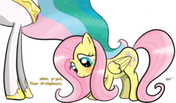 Size: 800x467 | Tagged: safe, artist:ratofdrawn, fluttershy, princess celestia, pony, g4, blushing, bow, cute, female, shyabetes, simple background, text, transparent background