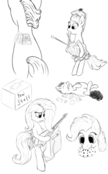 Size: 2000x3200 | Tagged: safe, artist:furor1, applejack, fluttershy, pinkie pie, spitfire, sweetie belle, truffle shuffle, g4, appletini, bagpipes, bass guitar, candy, cookie, kilt, musical instrument, sketch dump, sweetie bot