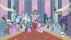 Size: 637x357 | Tagged: safe, screencap, princess cadance, queen chrysalis, shining armor, twilight sparkle, changeling, changeling queen, a canterlot wedding, g4, my little pony: friendship is magic, female, wat, youtube caption