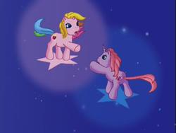 Size: 640x480 | Tagged: safe, screencap, cheerilee (g3), rarity (g3), g3, the runaway rainbow, reaching, sad, so far apart, stars