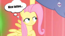 Size: 851x467 | Tagged: safe, edit, edited screencap, screencap, fluttershy, iron will, pegasus, pony, g4, female, female focus, hub logo, hubble, implied ironshy, implied shipping, implied straight, lidded eyes, mare, solo focus, text, thinking