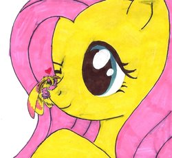 Size: 1343x1234 | Tagged: safe, artist:nekonya96, fluttershy, moth, pony, g4, bust, cute, female, heart, insect on nose, looking at something, mare, one eye closed, raised hoof, rosy maple moth, smiling, traditional art, wink