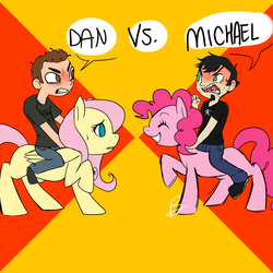 Size: 1280x1280 | Tagged: safe, artist:baystillsp00kybutsantatoo, fluttershy, pinkie pie, g4, achievement hunter, dan, dan vs, michael jones, rooster teeth