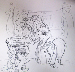 Size: 3378x3252 | Tagged: safe, artist:what-nancy-drew, trixie, oc, earth pony, pegasus, pony, unicorn, g4, balloon, balloon animal, birthday, female, foal, hat, lidded eyes, magic, mare, party hat, sketch, trixie is not amused, unamused