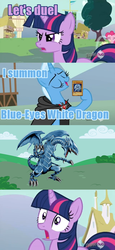 Size: 500x1089 | Tagged: safe, trixie, twilight sparkle, dragon, g4, magic duel, blue-eyes white dragon, yu-gi-oh!