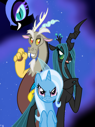 Size: 656x871 | Tagged: safe, artist:faith-wolff, discord, nightmare moon, queen chrysalis, trixie, alicorn, changeling, changeling queen, draconequus, pony, unicorn, g4, antagonist, every villain, female, male, mare, villains of equestria