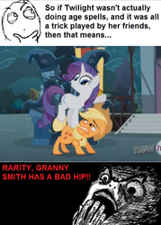 Size: 500x698 | Tagged: safe, edit, screencap, applejack, granny smith, rarity, g4, magic duel, bloodshot eyes, fridge horror, granny applejack, grannybuse, hub logo, rage face, the implications are horrible