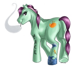 Size: 662x588 | Tagged: safe, artist:persephohi, earth pony, pony, bell-mère, butt, cigarette, female, looking back, mare, one piece, plot, ponified, simple background, smiling, smoking, tail, tattoo, white background