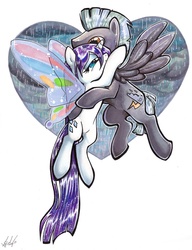 Size: 691x900 | Tagged: dead source, safe, artist:lizspit, rarity, thunderlane, pegasus, pony, unicorn, alternate hairstyle, bedroom eyes, duo, featured image, female, flying, glimmer wings, heart, hug, male, rain, rarilane, shipping, smiling, spread wings, straight, traditional art, wet, wet mane, wet mane rarity, wings
