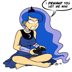 Size: 962x962 | Tagged: safe, artist:megasweet, artist:monochromatic, princess luna, human, gamer luna, g4, angry, clothes, dress, female, humanized, panties, purple underwear, simple background, sitting, skirt, solo, traditional royal canterlot voice, underwear, upskirt, video game, xbox, xbox 360