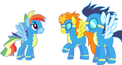 Size: 7523x4000 | Tagged: dead source, safe, artist:mastersharp, rainbow dash, soarin', spitfire, pegasus, pony, g4, clothes, female, female to male, glide, male, mare, rainbow blitz, rule 63, simple background, spitfire (male), spread wings, stallion, transparent background, trio, uniform, vector, wings, wonderbolts uniform