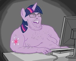 Size: 1000x800 | Tagged: safe, twilight sparkle, human, g4, brony, brony stereotype, caricature, computer, cutie mark on human, fat, humanized, neckbeard, stereotype, uncanny valley
