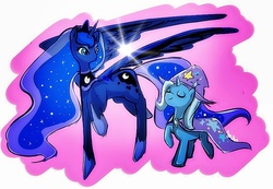 Size: 824x571 | Tagged: dead source, safe, artist:ryapark, princess luna, trixie, alicorn, pony, unicorn, g4, cape, clothes, crown, eyes closed, female, hat, jewelry, mare, regalia, trixie's cape, trixie's hat