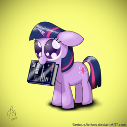 Size: 3000x3000 | Tagged: safe, artist:seriousarthos, twilight sparkle, g4, book, filly, mouth hold