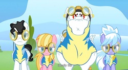 Size: 1581x865 | Tagged: safe, screencap, bulk biceps, cloudchaser, meadow flower, mercury, starry eyes (g4), g4, wonderbolts academy, wonderbolt trainee uniform, youtube caption, youtube link