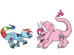 Size: 1024x768 | Tagged: safe, artist:dragon-flash, pinkie pie, rainbow dash, dinosaur, reptile, triceratops, velociraptor, g4, prehistoric, simple background, species swap, transparent background, velocirainbow