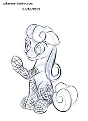 Size: 1280x1768 | Tagged: safe, artist:zenny, bon bon, sweetie drops, earth pony, pony, g4, 30 minute art challenge, clothes, cutie mark, female, floppy ears, hooves, mare, monochrome, simple background, sitting, solo, stockings