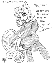 Size: 730x900 | Tagged: safe, artist:tt-n, bon bon, sweetie drops, earth pony, pony, semi-anthro, g4, 30 minute art challenge, clothes, female, fishnet clothing, fishnet stockings, gloves, implied lyra, mare, stockings