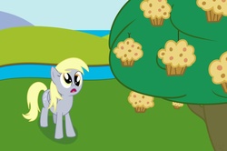 Size: 1098x727 | Tagged: dead source, safe, artist:snytbaggen, derpy hooves, pegasus, pony, g4, female, mare, muffin, solo, tree