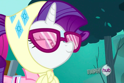 Size: 1183x801 | Tagged: safe, screencap, rarity, pony, g4, sleepless in ponyville, camping outfit, female, hub logo, solo