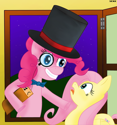 Size: 808x864 | Tagged: safe, artist:senx, fluttershy, pinkie pie, g4, bread, food, hat, monocle, top hat