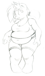 Size: 506x861 | Tagged: safe, artist:sb, snips, anthro, g4, belly button, chubby, clothes, fat, female, midriff, monochrome, muffin top, rule 63, solo, sugar