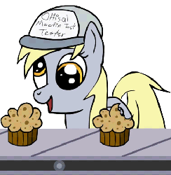 Size: 465x476 | Tagged: dead source, safe, artist:animatorphoenix, derpy hooves, pegasus, pony, g4, animated, conveyor belt, cute, eating, female, hat, living the dream, mare, muffin, perfect loop, that pony sure does love muffins, youtube link