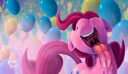 Size: 1920x1104 | Tagged: dead source, safe, artist:php187, pinkie pie, earth pony, pony, g4, balloon, cutie mark, drool, female, fourth wall, licking, licking the fourth wall, mare, maw, nose in the air, smiling, solo, tongue out, uvula, wallpaper
