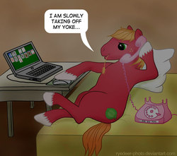 Size: 640x566 | Tagged: safe, artist:el-yeguero, big macintosh, earth pony, pony, g4, card, computer, laptop computer, male, phone, phone sex, pillow, solitaire, stallion, we don't normally wear clothes