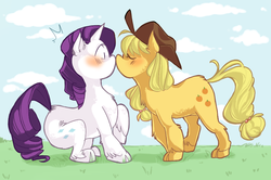 Size: 900x596 | Tagged: safe, artist:meidobot, applejack, rarity, g4, blushing, cloven hooves, female, fluffy, lesbian, ship:rarijack, shipping, unshorn fetlocks