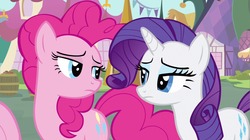 Size: 1279x715 | Tagged: safe, screencap, fluttershy, pinkie pie, rarity, g4, putting your hoof down, duo focus, female, looking at each other, offscreen character, pinkie pie is not amused, rarity is not amused, unamused