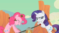 Size: 1280x720 | Tagged: safe, screencap, pinkie pie, rarity, earth pony, pony, unicorn, g4, season 2, the last roundup, angry, dirty, duo, duo female, eyes closed, female, hand car, mare, open mouth, open smile, smiling