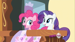 Size: 1280x720 | Tagged: safe, screencap, pinkie pie, rarity, g4, putting your hoof down, hub logo