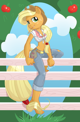 Size: 600x916 | Tagged: safe, artist:ellisarts, applejack, earth pony, anthro, plantigrade anthro, g4, barefoot, belly button, clothes, feet, female, fence, front knot midriff, jeans, midriff, no hooves, sitting, skinny, solo, thin