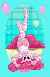 Size: 723x1104 | Tagged: safe, artist:ellisarts, pinkie pie, earth pony, anthro, plantigrade anthro, g4, balloon, clothes, evening gloves, feet, female, legs in air, looking at you, skinny, socks, solo, striped socks, thin, toe socks, upside down