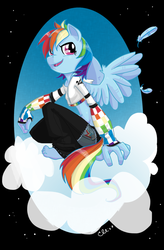 Size: 600x916 | Tagged: safe, artist:ellisarts, rainbow dash, anthro, plantigrade anthro, g4, barefoot, clothes, cloud, feather, feet, female, fingerless gloves, gloves, midriff, no hooves, open mouth, sitting, skinny, smiling, smirk, solo, spread wings, thin