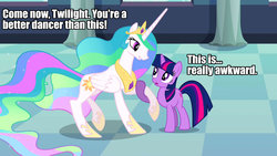 Size: 1280x720 | Tagged: safe, edit, edited screencap, screencap, princess celestia, twilight sparkle, a canterlot wedding, g4, caption, dancing, female, lesbian, out of context, ship:twilestia, shipping, text