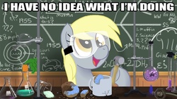 Size: 640x360 | Tagged: safe, artist:zicygomar, derpy hooves, princess luna, the smooze, pegasus, pony, g1, g4, algebra, beaker, bunsen burner, buzzbomber, carrot, chalkboard, crossover, derp, donut, equation, female, filly, flask, goggles, hammer, hoof hold, i have no idea what i'm doing, image macro, lab, math, muffin, mug, open mouth, science, smiling, solo, sonic the hedgehog (series), this will end in science, this will not end well, timeline, waspinator, woona, woonoggles, younger
