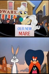 Size: 1148x1720 | Tagged: safe, edit, mayor mare, g4, ballot box bunny, bugs bunny, looney tunes, male, yosemite sam