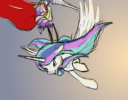 Size: 512x400 | Tagged: safe, artist:untiltheballoons, princess celestia, spike, g4, beefspike, flying, gritted teeth, older, older spike, reins, sword