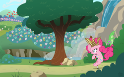 Size: 1680x1050 | Tagged: safe, artist:facelessjr, gummy, pinkie pie, bird, earth pony, pony, g4, bush, cloud, female, flower, mare, mushroom, pogo stick, rock, tree, waterfall