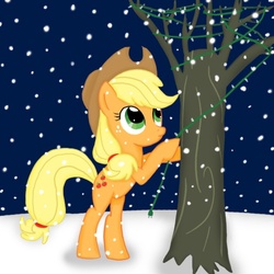 Size: 600x600 | Tagged: safe, artist:poppun, applejack, earth pony, pony, g4, bipedal, christmas, female, snow, snowfall, solo, tree