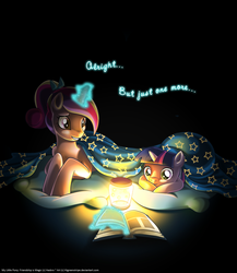 Size: 2000x2304 | Tagged: safe, artist:jadedjynx, princess cadance, twilight sparkle, firefly (insect), g4, blanket, book, filly, filly twilight sparkle, magic, reading