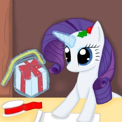 Size: 600x600 | Tagged: safe, artist:poppun, rarity, pony, g4, christmas, female, magic, present, ribbon, solo