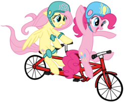 Size: 800x650 | Tagged: safe, artist:anjevalart, fluttershy, pinkie pie, earth pony, pegasus, pony, g4, bicycle, duo, duo female, female, helmet, mare, simple background, tandem, transparent background