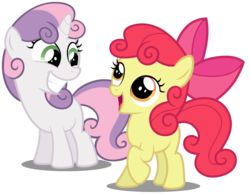 Size: 6676x5207 | Tagged: safe, artist:austiniousi, apple bloom, sweetie belle, earth pony, pony, unicorn, g4, absurd resolution, alternate hairstyle, duo, duo female, female, filly, foal, raised hoof, simple background, transparent background, vector